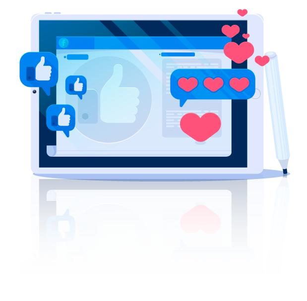 Illustration eines Tablets mit digitalen Reaktionen und Likes.