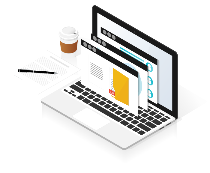Laptop mit geöffneten Dokumentfenstern und Dateiordner.