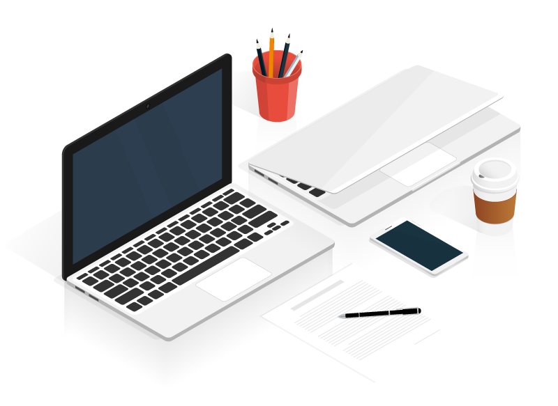 Laptop mit Smartphone, Dokumenten und Kaffeebecher auf Schreibtisch.