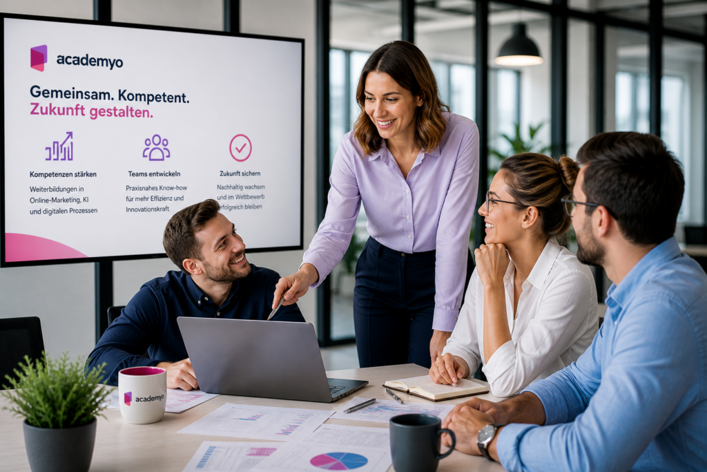 Teammeeting mit Präsentation zu Weiterbildung und digitaler Kompetenzentwicklung im modernen Büro.