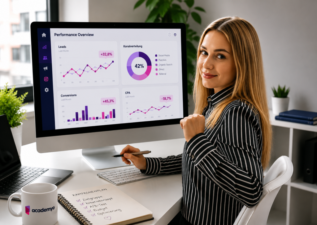 Eine Marketing-Expertin am Schreibtisch mit einem Performance-Dashboard auf dem Monitor und einem handschriftlichen Kampagnenplan der academyo.