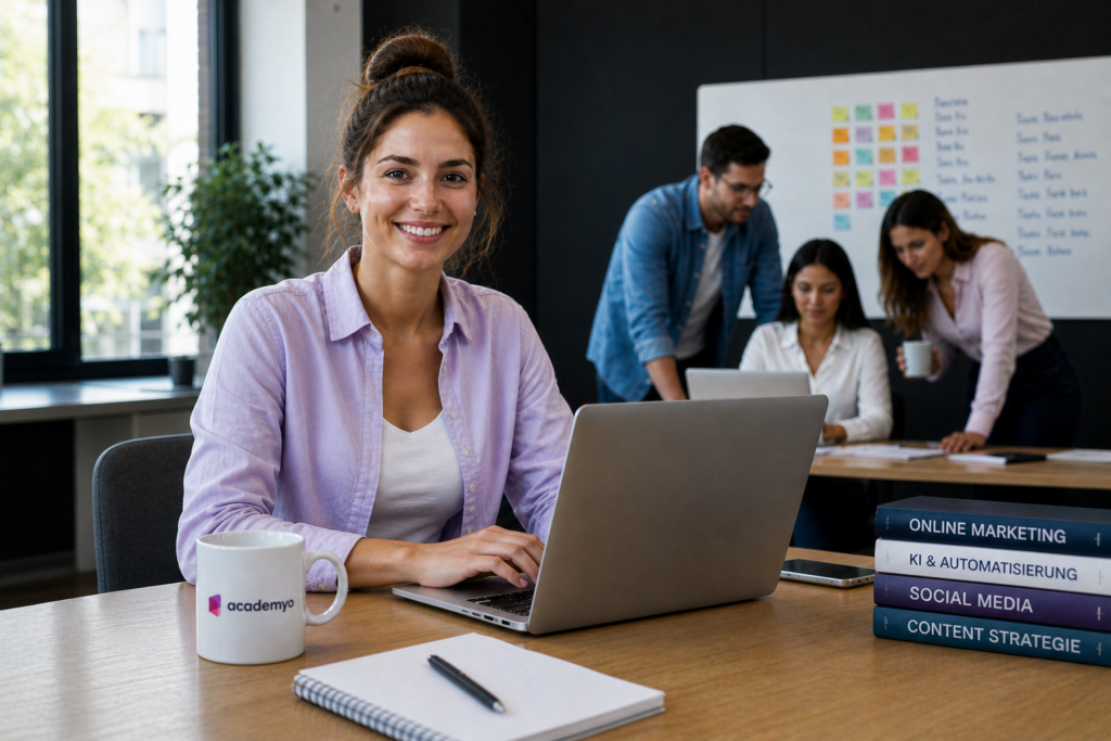 Frau arbeitet am Laptop im Büro, während ein Team im Hintergrund zusammenarbeitet.