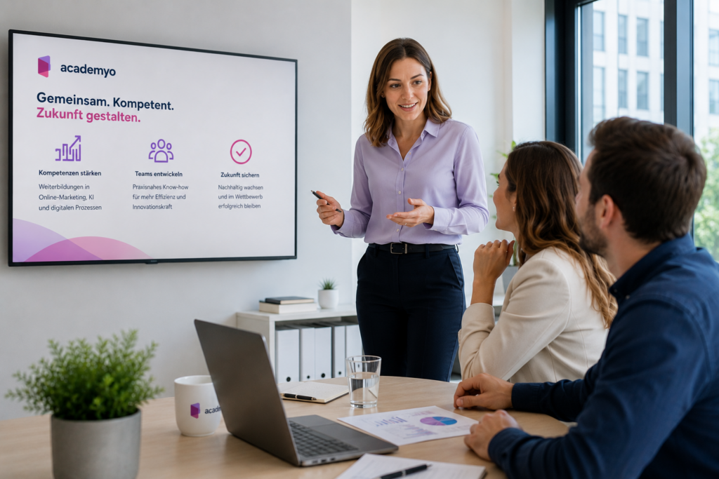 Eine academyo-Dozentin präsentiert zwei Teilnehmenden in einem modernen Büro Strategien zur Kompetenzentwicklung und Zukunftsgestaltung.