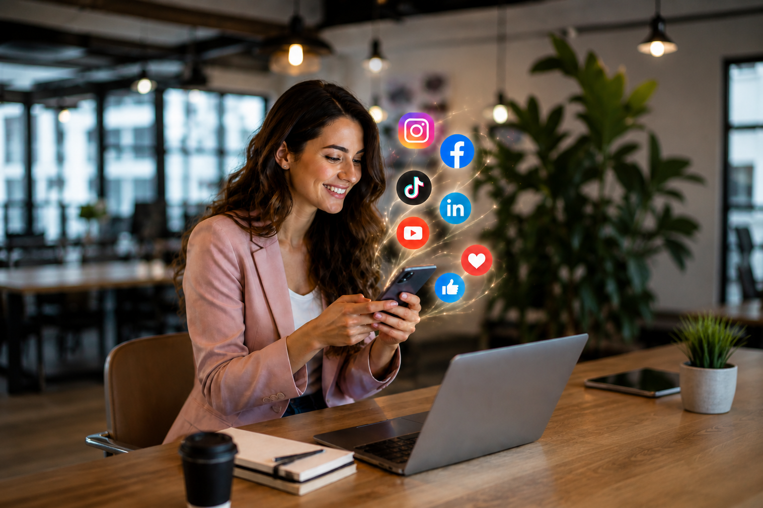 Moderne Geschäftsfrau betreibt Social-Media-Management am Smartphone in einem Co-Working-Space.