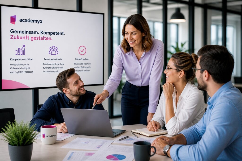 Teammeeting mit Präsentation zu Weiterbildung und digitaler Kompetenzentwicklung im modernen Büro.