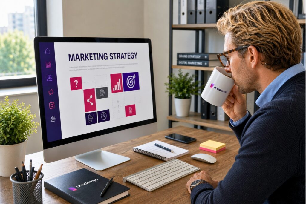 Ein Mann im Büro entwickelt eine Marketing-Strategie am PC, während er aus einer academyo-Tasse trinkt.