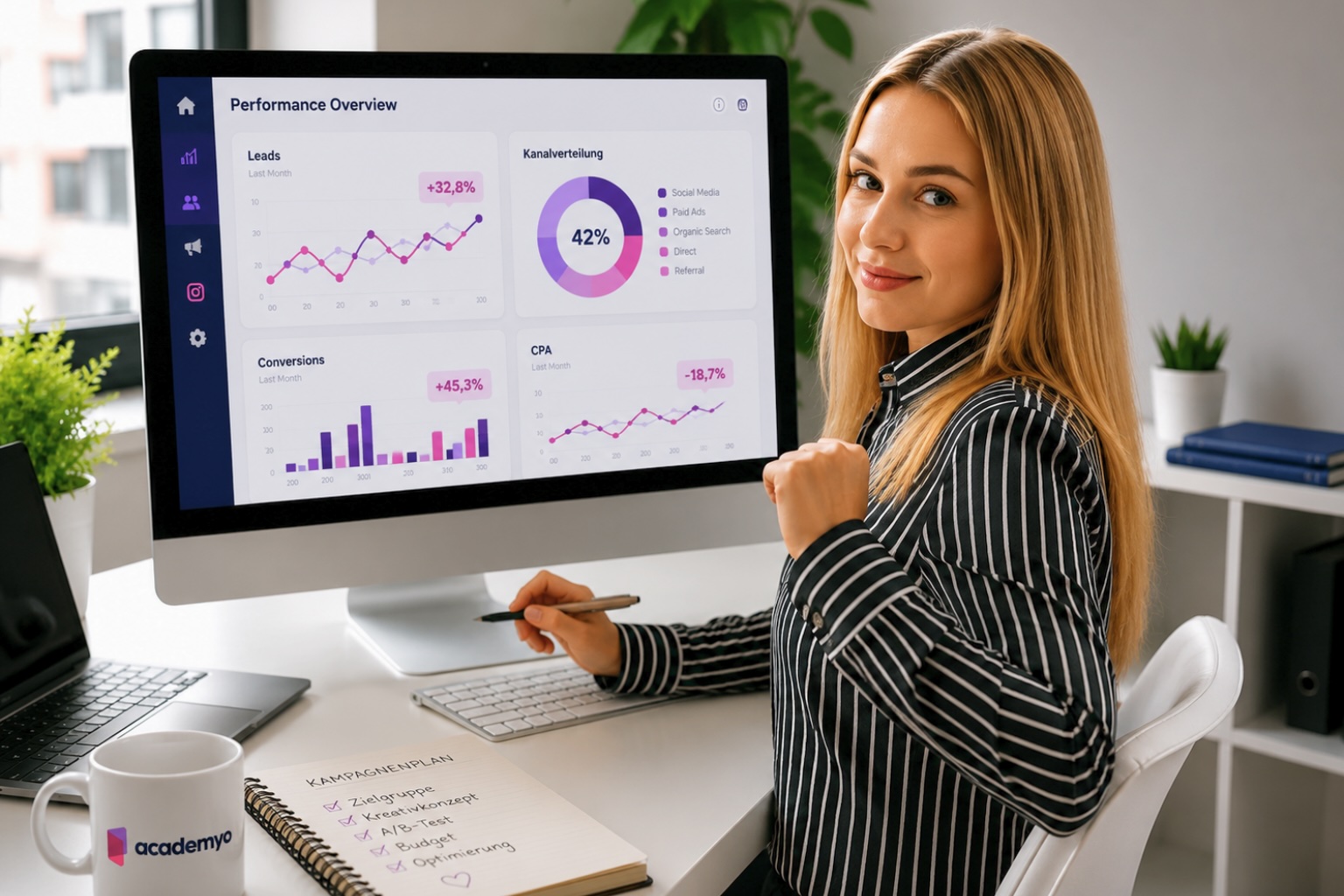 Eine Marketing-Expertin am Schreibtisch mit einem Performance-Dashboard auf dem Monitor und einem handschriftlichen Kampagnenplan der academyo.